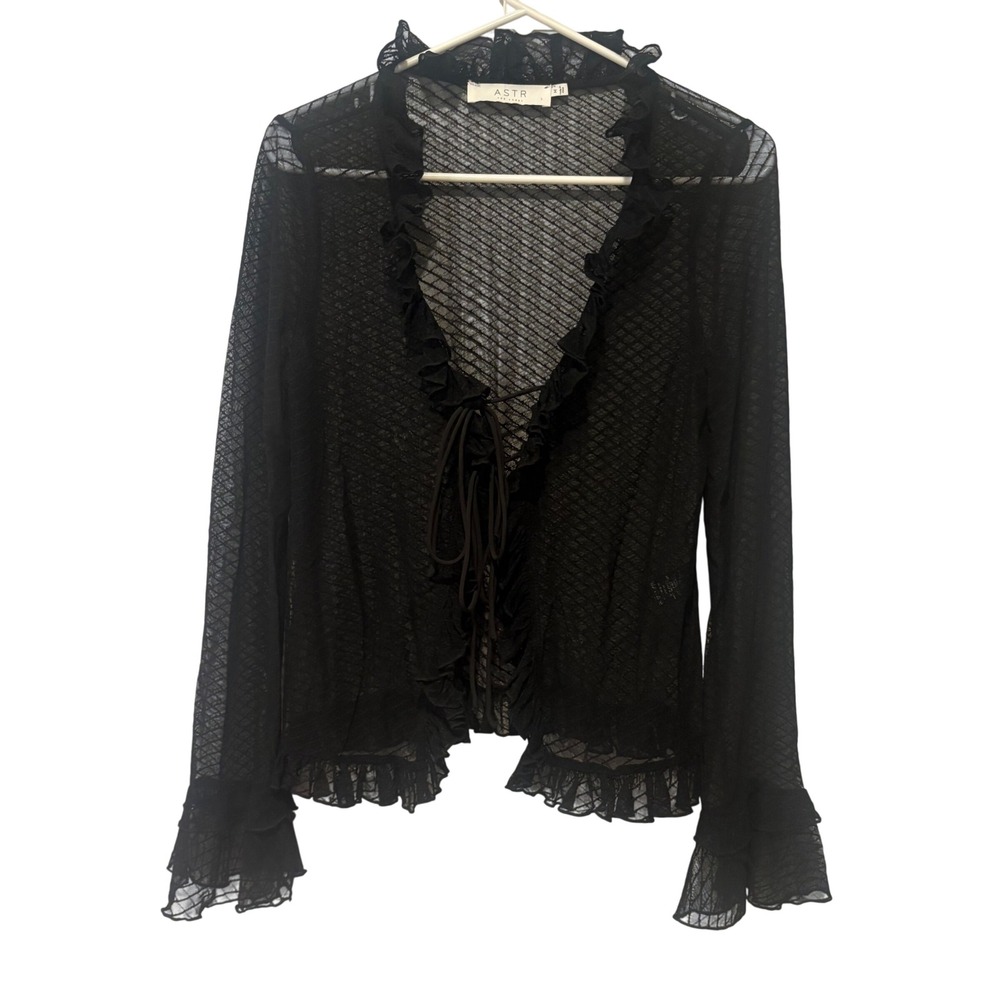 ASTR The Label Mesh Cardigan Women M Black Ruffle Tie Front Witchy Whimsigoth
